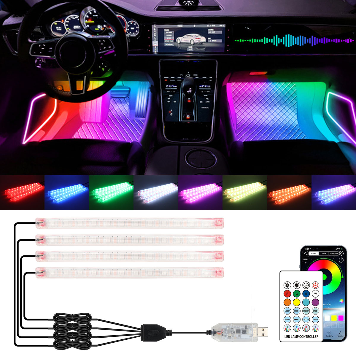 Led Ambient Interior Car Lights App Control - 2/4w1 12/18 LED RGB Tęczowa Dekoracyjna